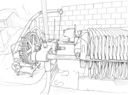 圧縮機で水分を抜き土を精製する工程