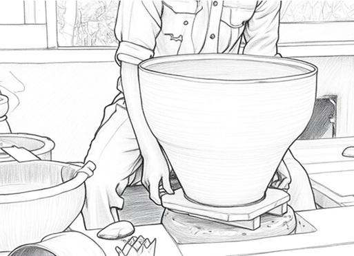 ろくろや手作業で器の形を作る工程