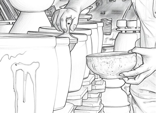 乾燥させた器に釉薬をかける工程